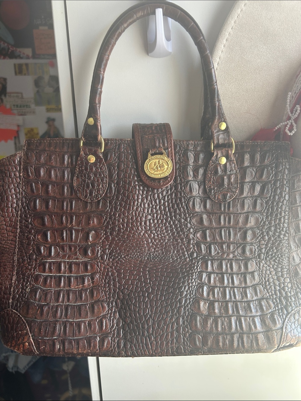 Brahmin Dark Brown Croc-Embossed Satchel with Gold Hardware